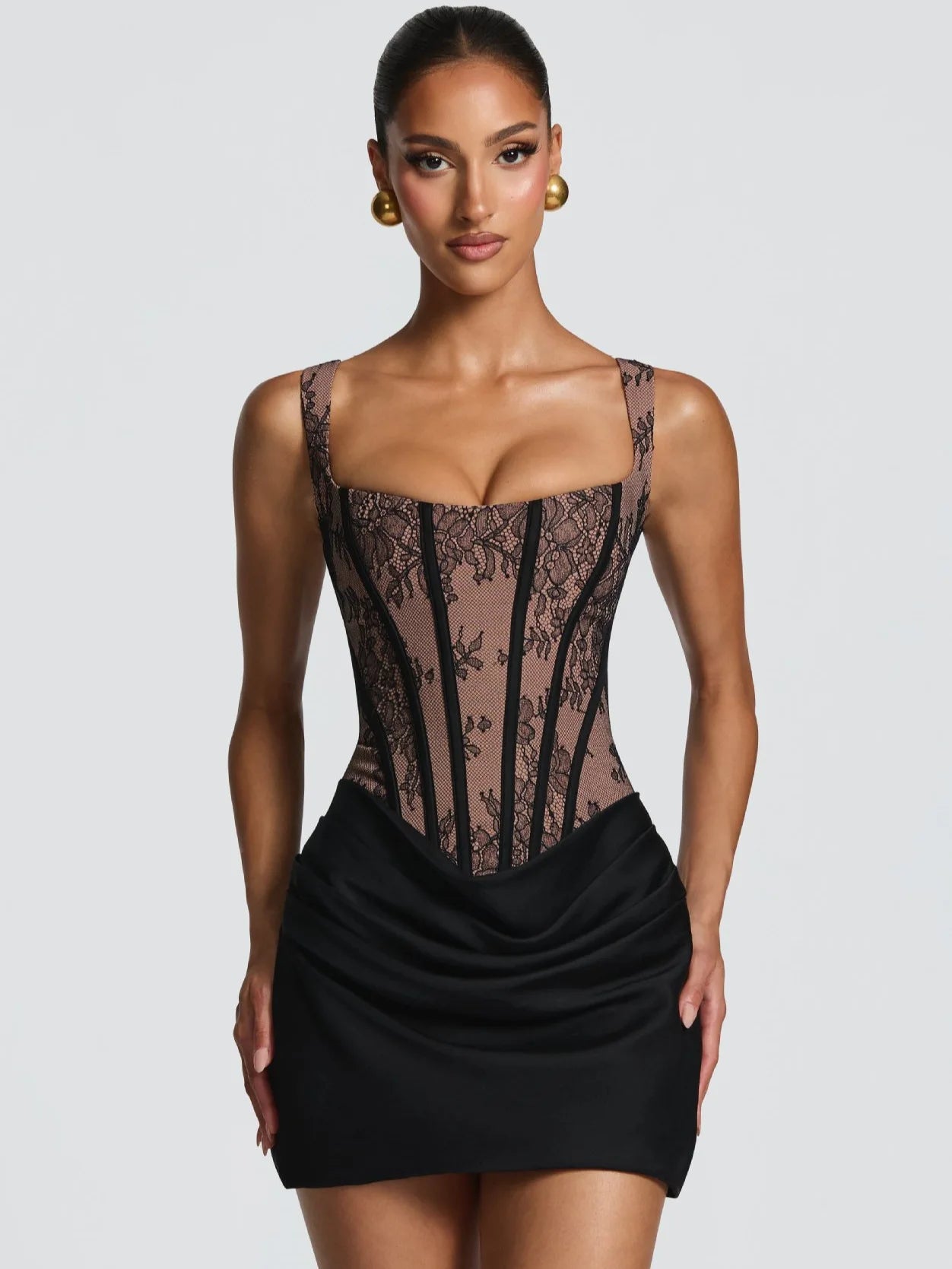 Typhaland Lace Sling Fishbone Dress Women Sleeveless Sexy Plunge Ruched Mini Dress SLim High Waist 2026 Summer New Party Dress