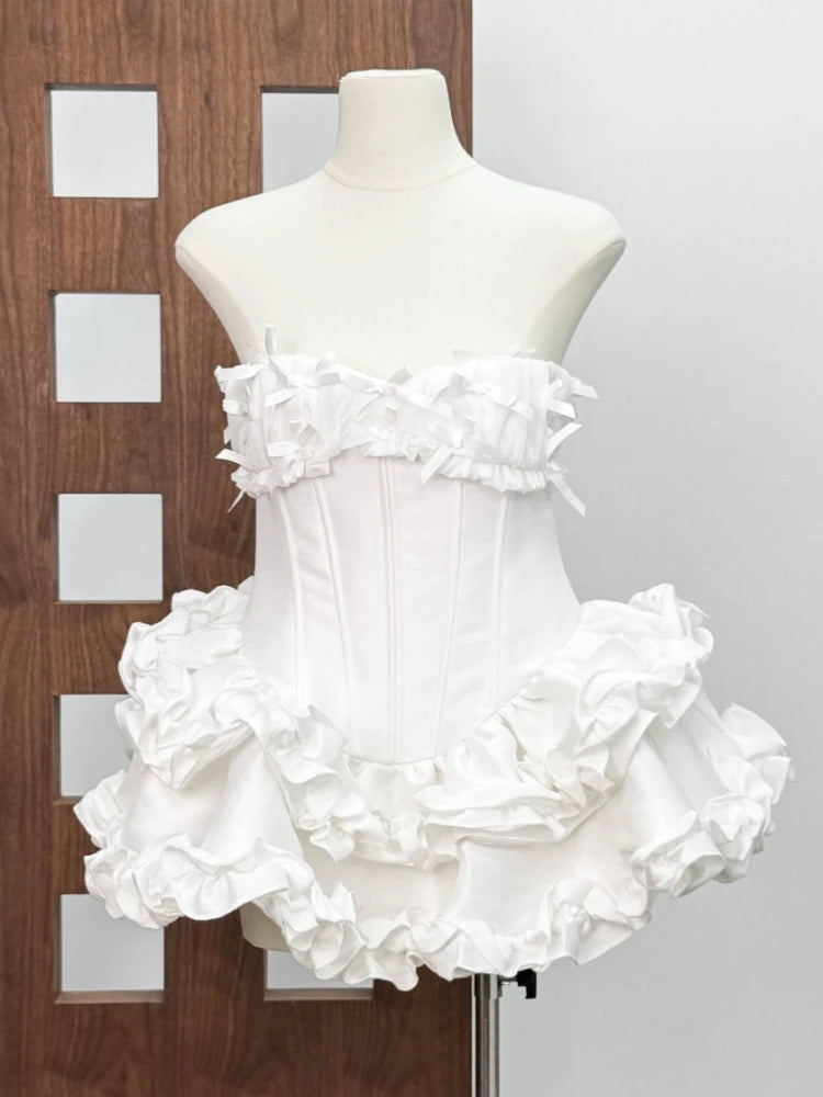 Women Pink Bows Dress Two Piece Set Sexy Strapless Mesh Folds Bow Ruffles A-line Dress + Shorts Suits Evening Party Cocktail Set