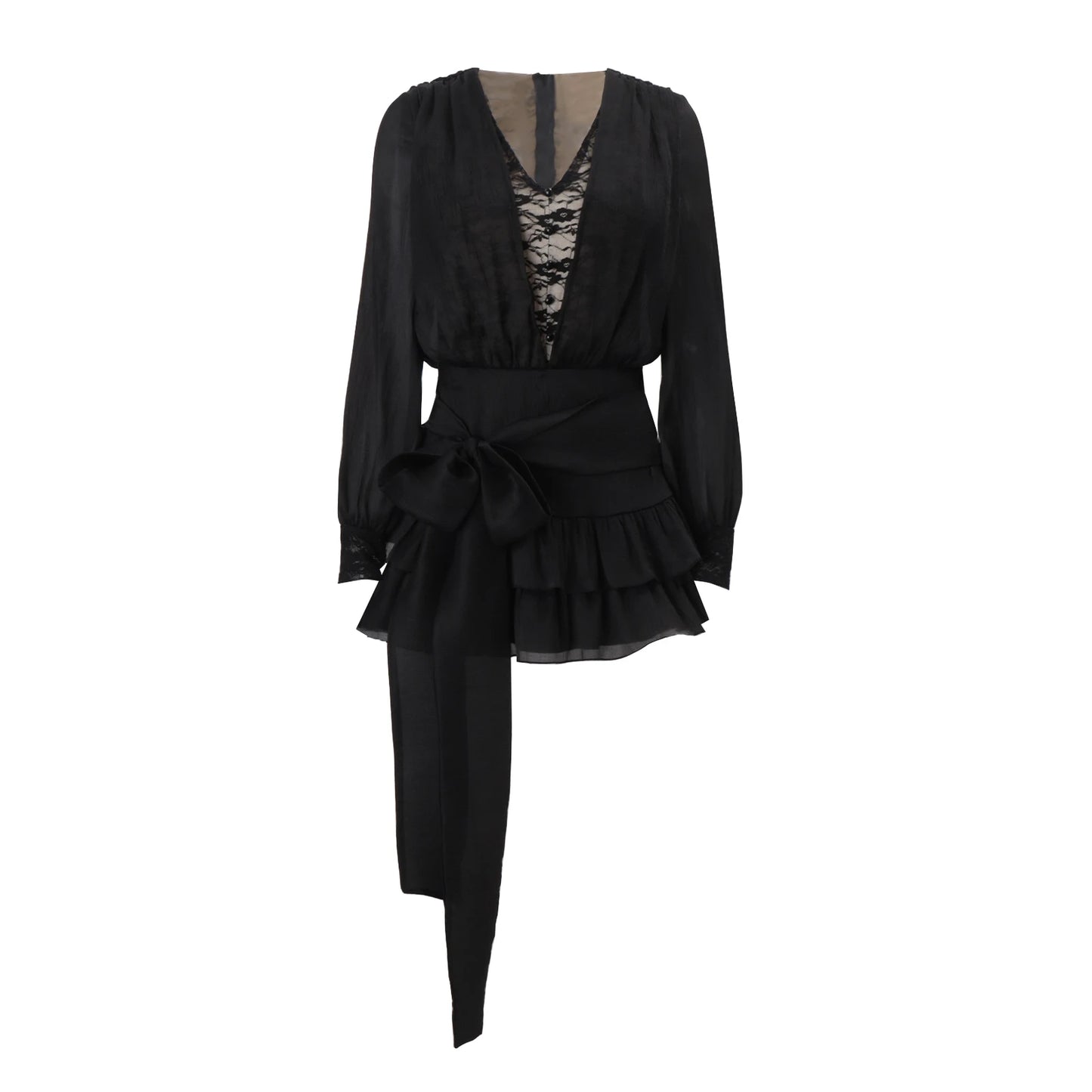 French Sexy Black Lace Patchwork Mini Dress Elegant V-neck Long Sleeve Party Dresses Autumn New Women Evening Vestidos