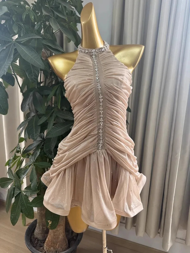 Apricot Diamond Mini Dress Bodycon Summer Vintage Evening Party Dresses Women Luxury Design Elegant Clothing Lady Sleeveless