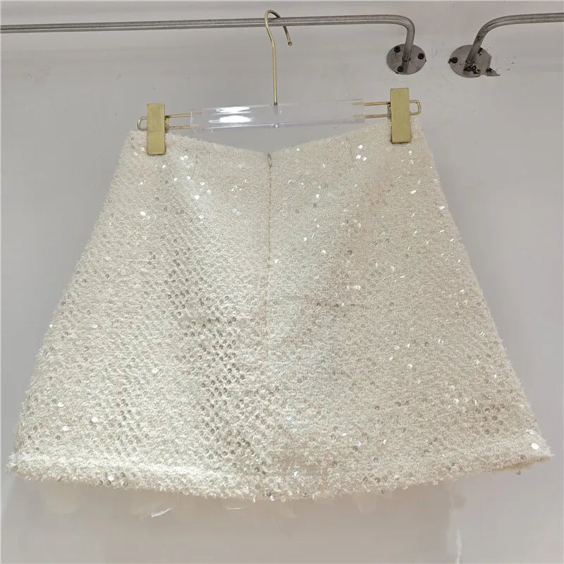 DEAT Women's Skirts Solid Color A-line 3d Flowers Sequins High Waist Slim Elegant Short Skirt Autumn 2026 New Fashion 29A3045