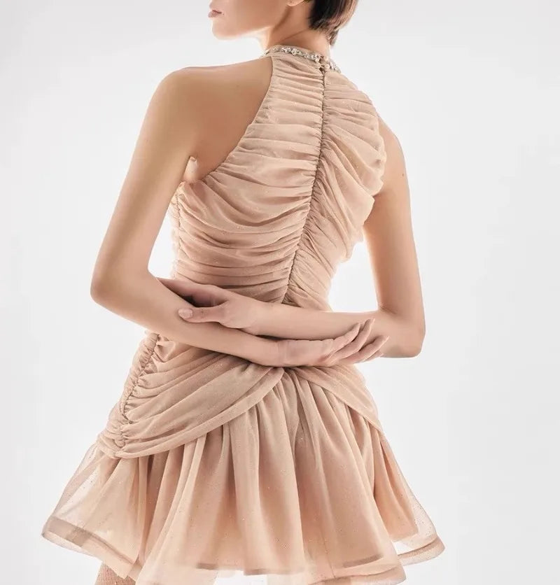 Apricot Diamond Mini Dress Bodycon Summer Vintage Evening Party Dresses Women Luxury Design Elegant Clothing Lady Sleeveless
