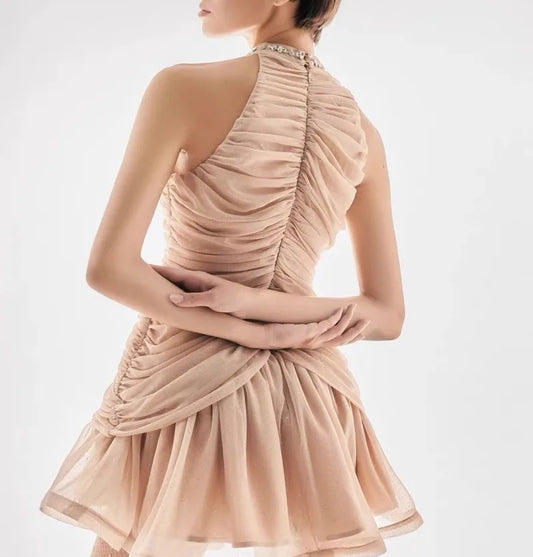 Apricot Diamond Mini Dress Bodycon Summer Vintage Evening Party Dresses Women Luxury Design Elegant Clothing Lady Sleeveless