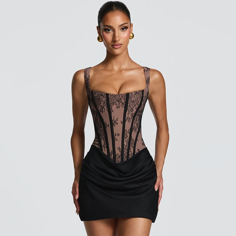 Typhaland Lace Sling Fishbone Dress Women Sleeveless Sexy Plunge Ruched Mini Dress SLim High Waist 2026 Summer New Party Dress