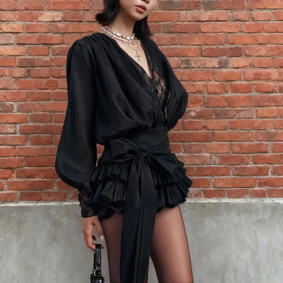 French Sexy Black Lace Patchwork Mini Dress Elegant V-neck Long Sleeve Party Dresses Autumn New Women Evening Vestidos