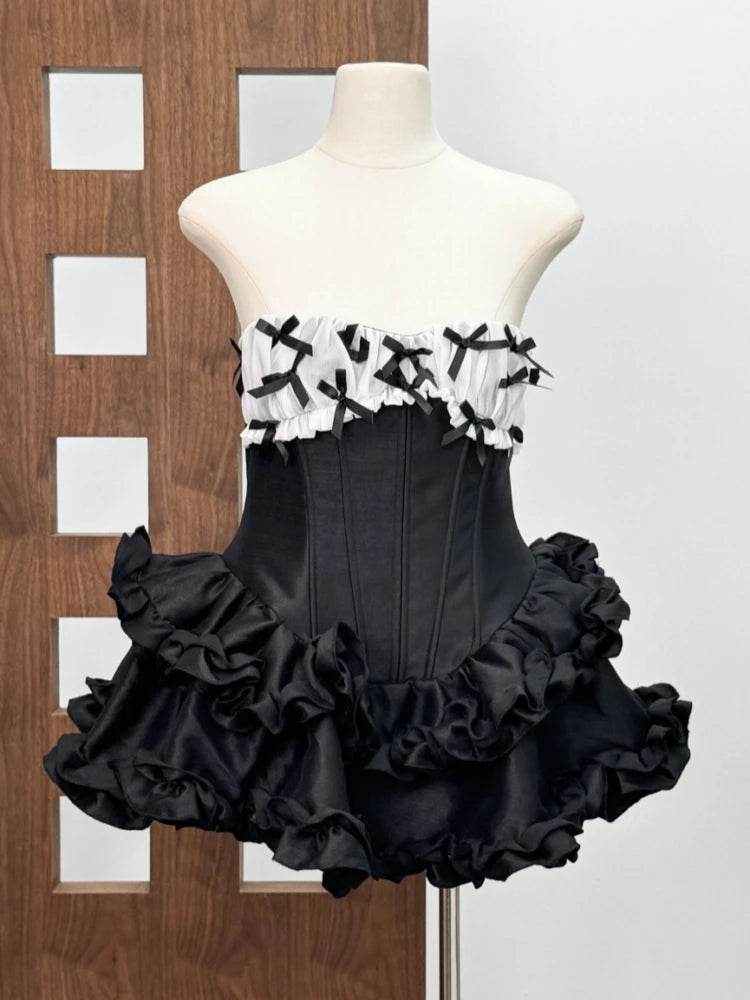 Women Pink Bows Dress Two Piece Set Sexy Strapless Mesh Folds Bow Ruffles A-line Dress + Shorts Suits Evening Party Cocktail Set