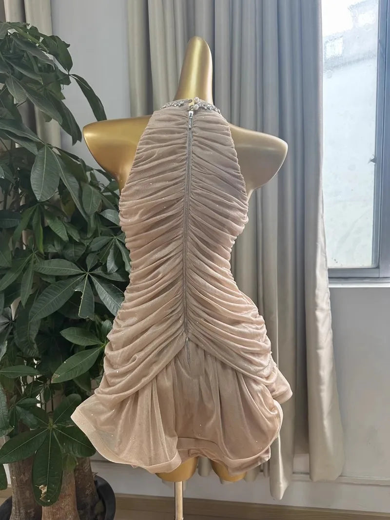 Apricot Diamond Mini Dress Bodycon Summer Vintage Evening Party Dresses Women Luxury Design Elegant Clothing Lady Sleeveless