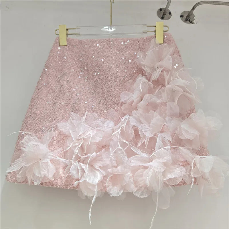 DEAT Women's Skirts Solid Color A-line 3d Flowers Sequins High Waist Slim Elegant Short Skirt Autumn 2026 New Fashion 29A3045