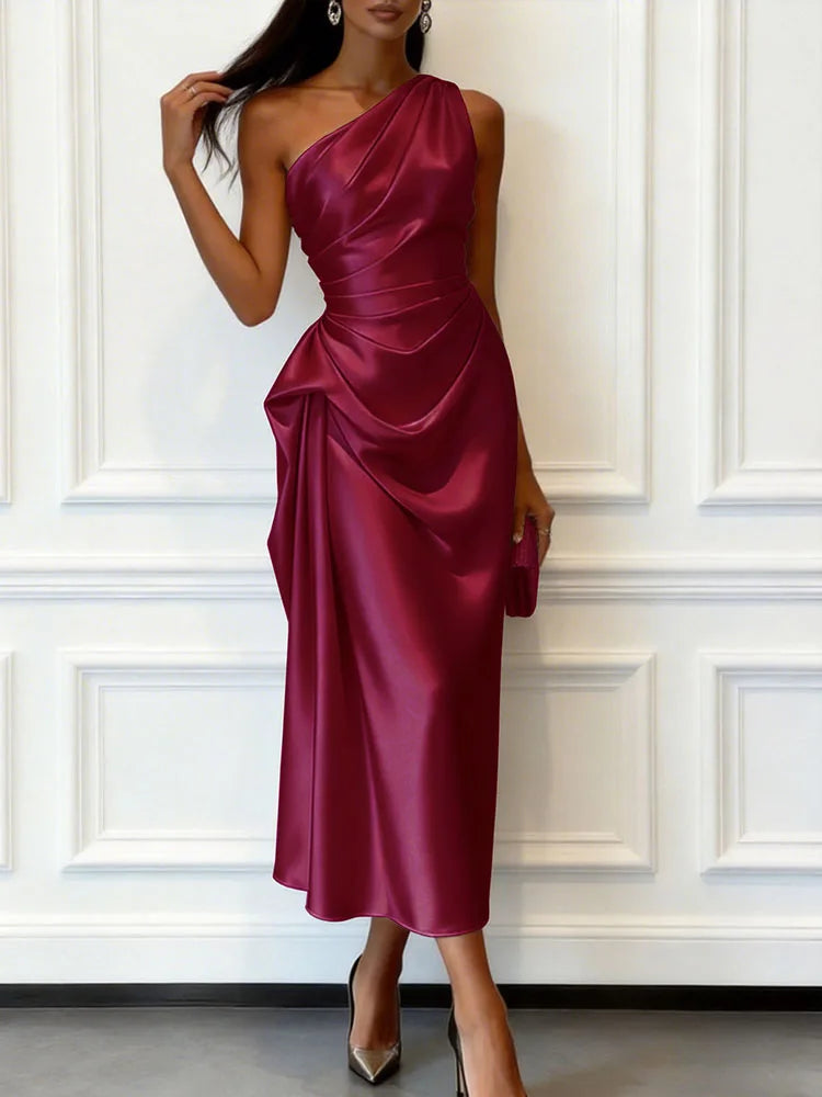 Women Slanted Neck Draped Summer Long Dress Simple Solid Sleeveless Commuting A-line Dresses Satin Asymmetric Slim Evening Dress