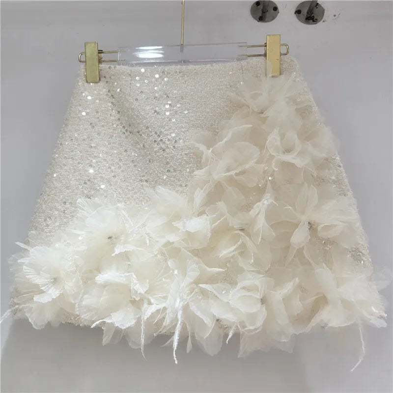 DEAT Women's Skirts Solid Color A-line 3d Flowers Sequins High Waist Slim Elegant Short Skirt Autumn 2026 New Fashion 29A3045