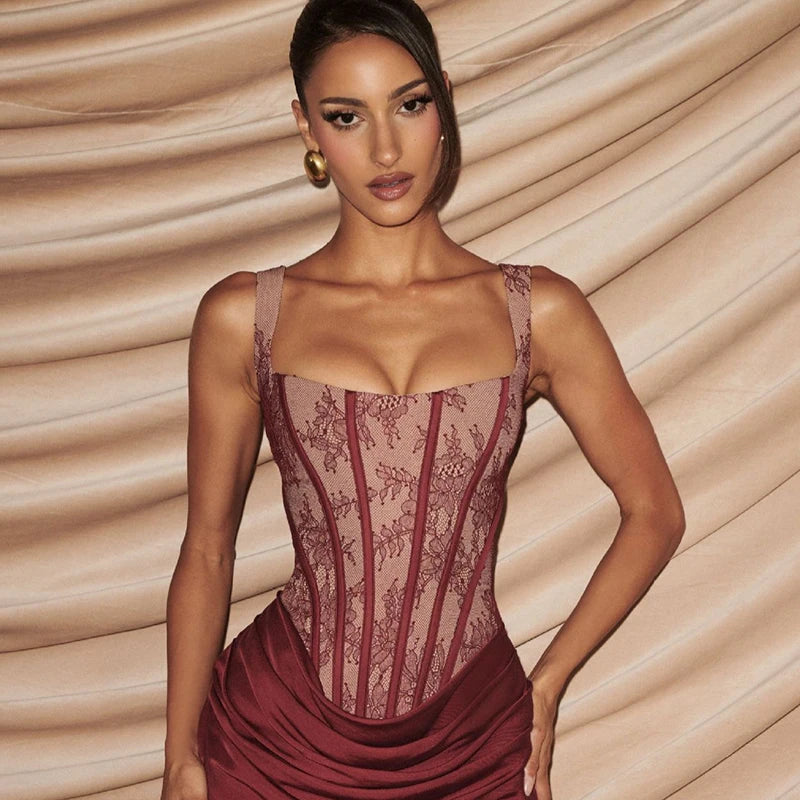 Typhaland Lace Sling Fishbone Dress Women Sleeveless Sexy Plunge Ruched Mini Dress SLim High Waist 2026 Summer New Party Dress