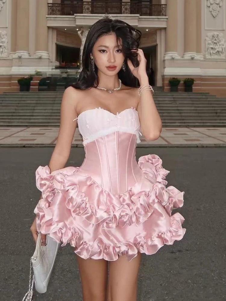 Women Pink Bows Dress Two Piece Set Sexy Strapless Mesh Folds Bow Ruffles A-line Dress + Shorts Suits Evening Party Cocktail Set