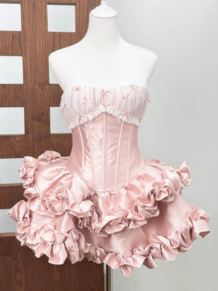 Women Pink Bows Dress Two Piece Set Sexy Strapless Mesh Folds Bow Ruffles A-line Dress + Shorts Suits Evening Party Cocktail Set