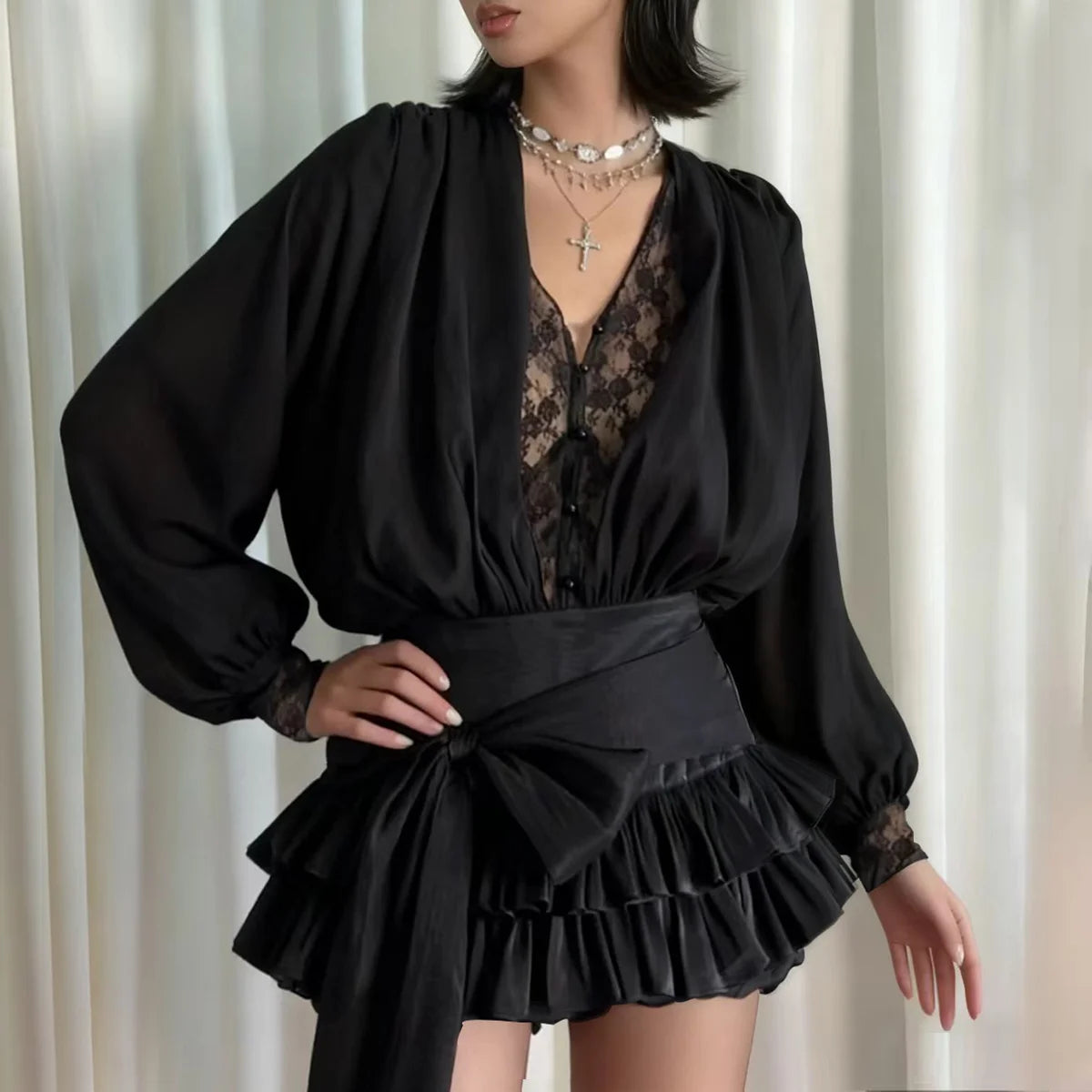 French Sexy Black Lace Patchwork Mini Dress Elegant V-neck Long Sleeve Party Dresses Autumn New Women Evening Vestidos
