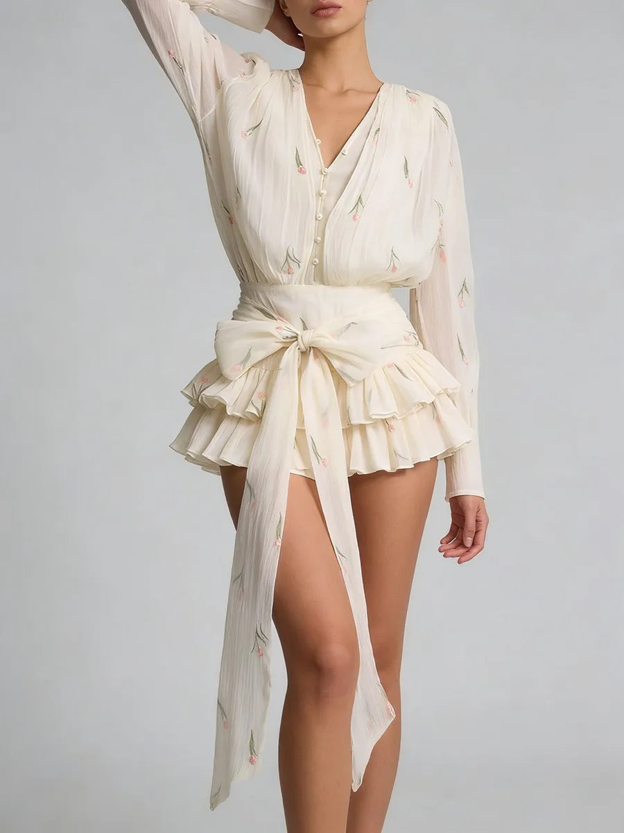 TWOTWINSTYLE Printing Shher Spliced Ruched Elegant Dresses for Women V Neck Long Sleeves Tunic Patchwork Lace Up Dress Female
